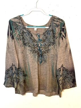 World Unity Women's Gray Floral Lace-Up Pullover Top. Size XL. EUC.